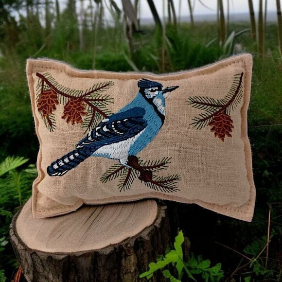 Embroidered Blue Jay MINI Pillow Sachet Farmhouse Cottage Bird Country Cabin - Picture 1 of 15